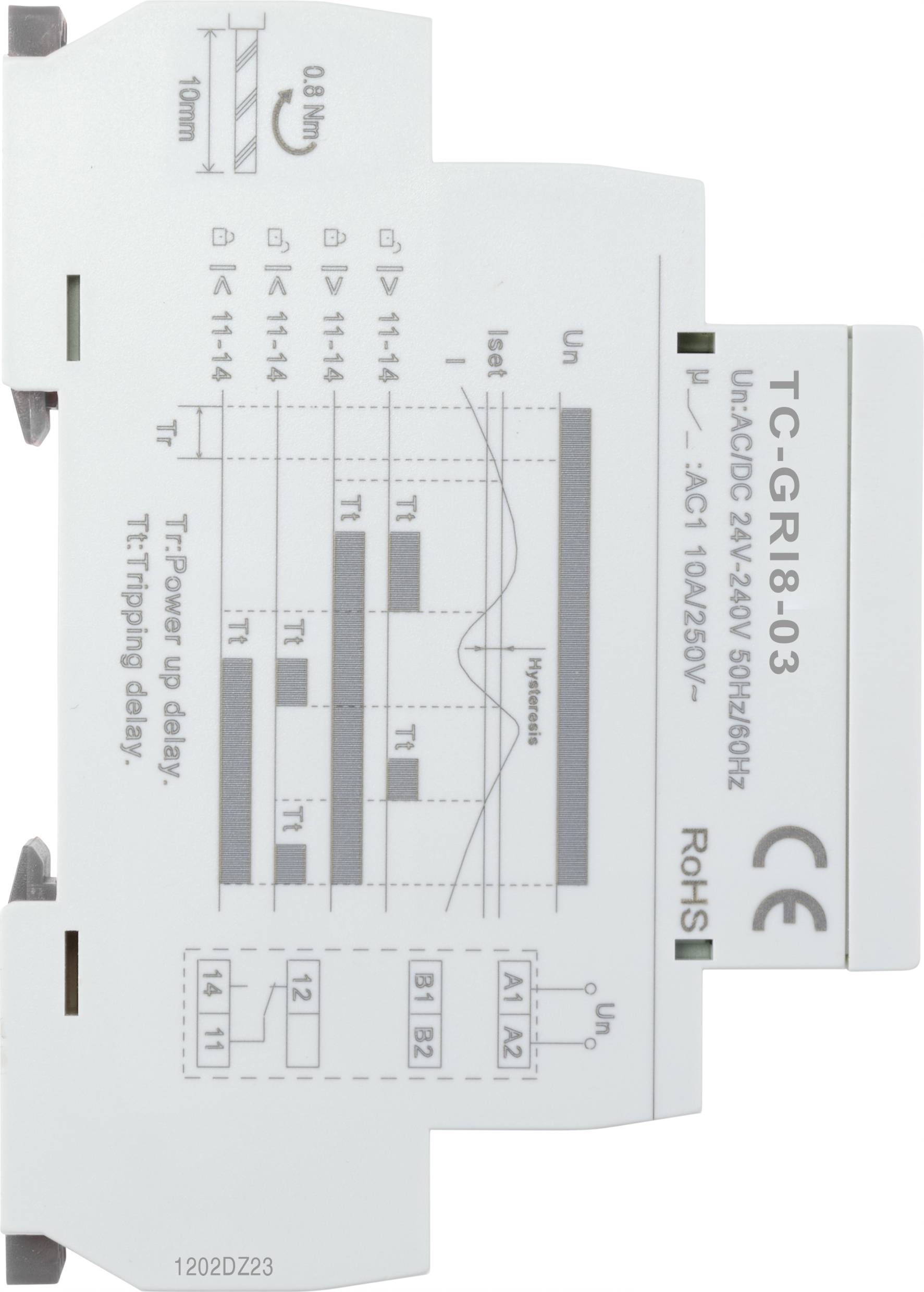 Composant industriel avec représentation graphique des conditions de fonctionnement électriques, schémas de câblage et spécifications techniques.