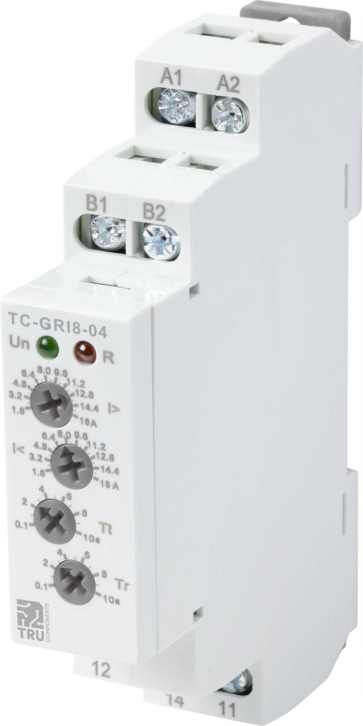 Relais temporel avec plusieurs fonctions sélectionnables et connexions de tension. Boîtier blanc avec boutons rotatifs pour différents réglages.