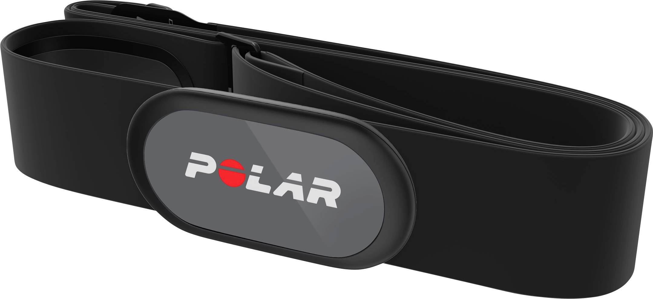 Un moniteur de fréquence cardiaque noir avec le logo 'Polar', des sangles élastiques longues pour fixation thoracique, utilisé pour le suivi de la condition physique.