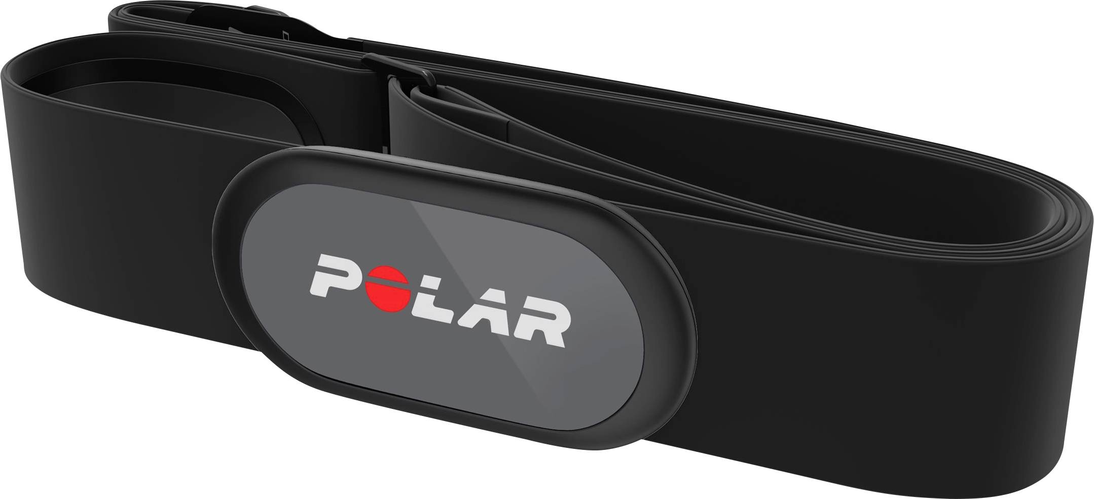 Ceinture de capteur de fréquence cardiaque noire avec module central ovale. Le logo 'POLAR' est visible dessus. Utilisé pour mesurer la fréquence cardiaque.