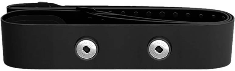 Ceinture thoracique noire avec deux boutons de capteurs métalliques utilisés pour recueillir et transmettre des données de fréquence cardiaque.