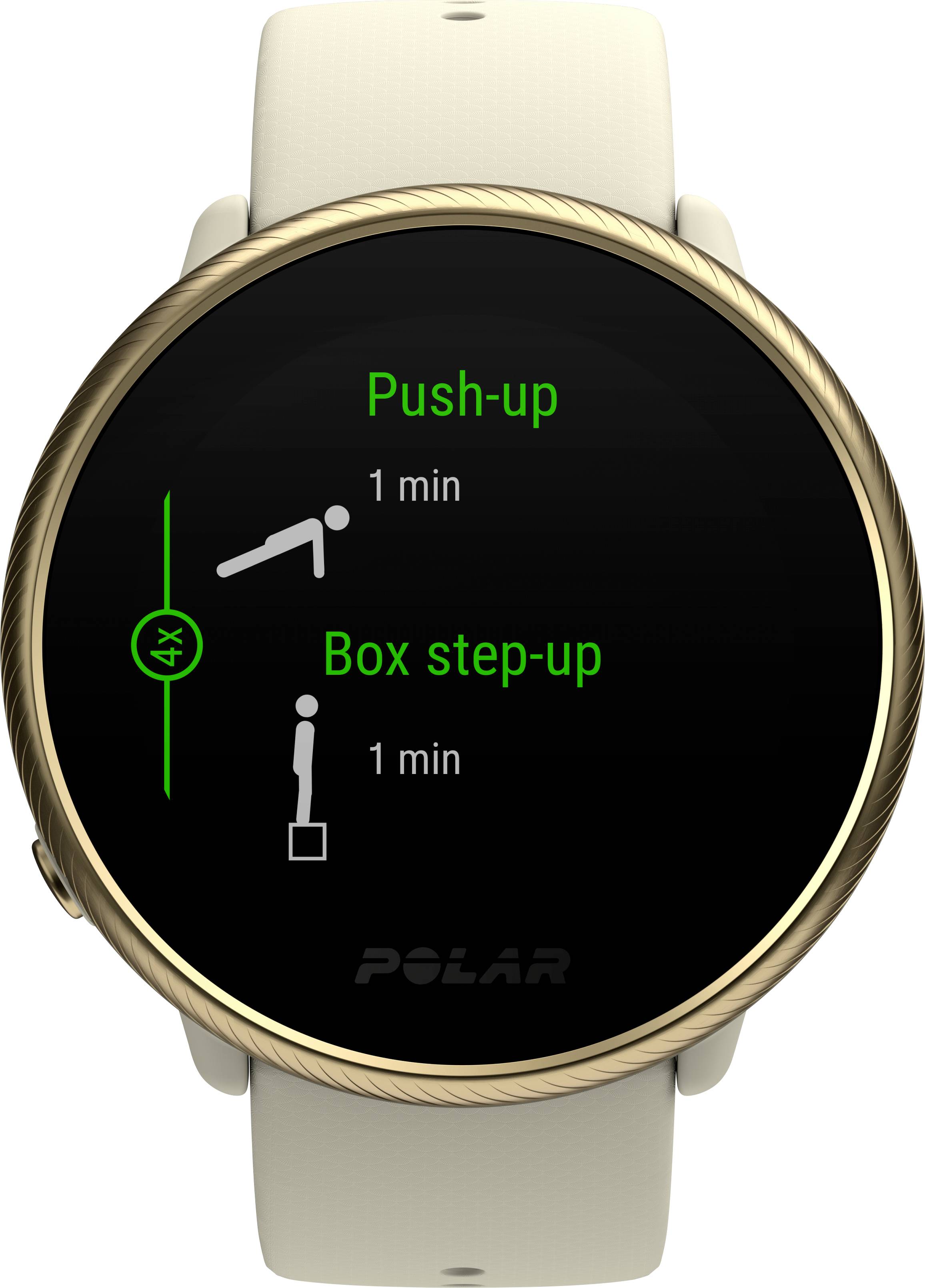 Une montre connectée affiche un programme de fitness : 'Pompes' pendant 1 minute, 'Montées de marches de boxe' pendant 1 minute. Une icône pictographique complète l'exercice.