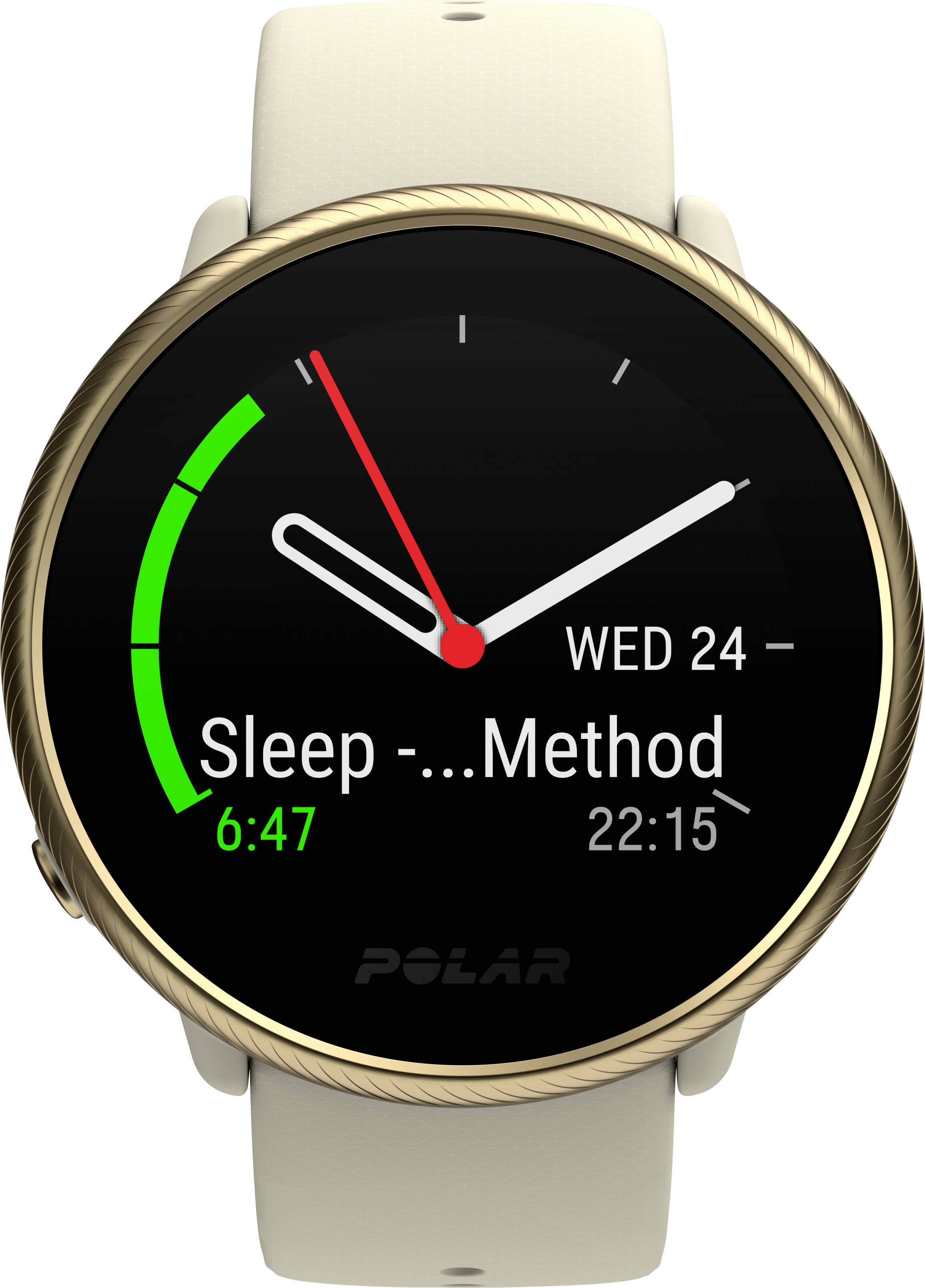 Une montre connectée avec un bracelet blanc affiche l'heure 6:47, la date mercredi 24, et le texte « Méthode de sommeil » avec un indicateur de progression circulaire.