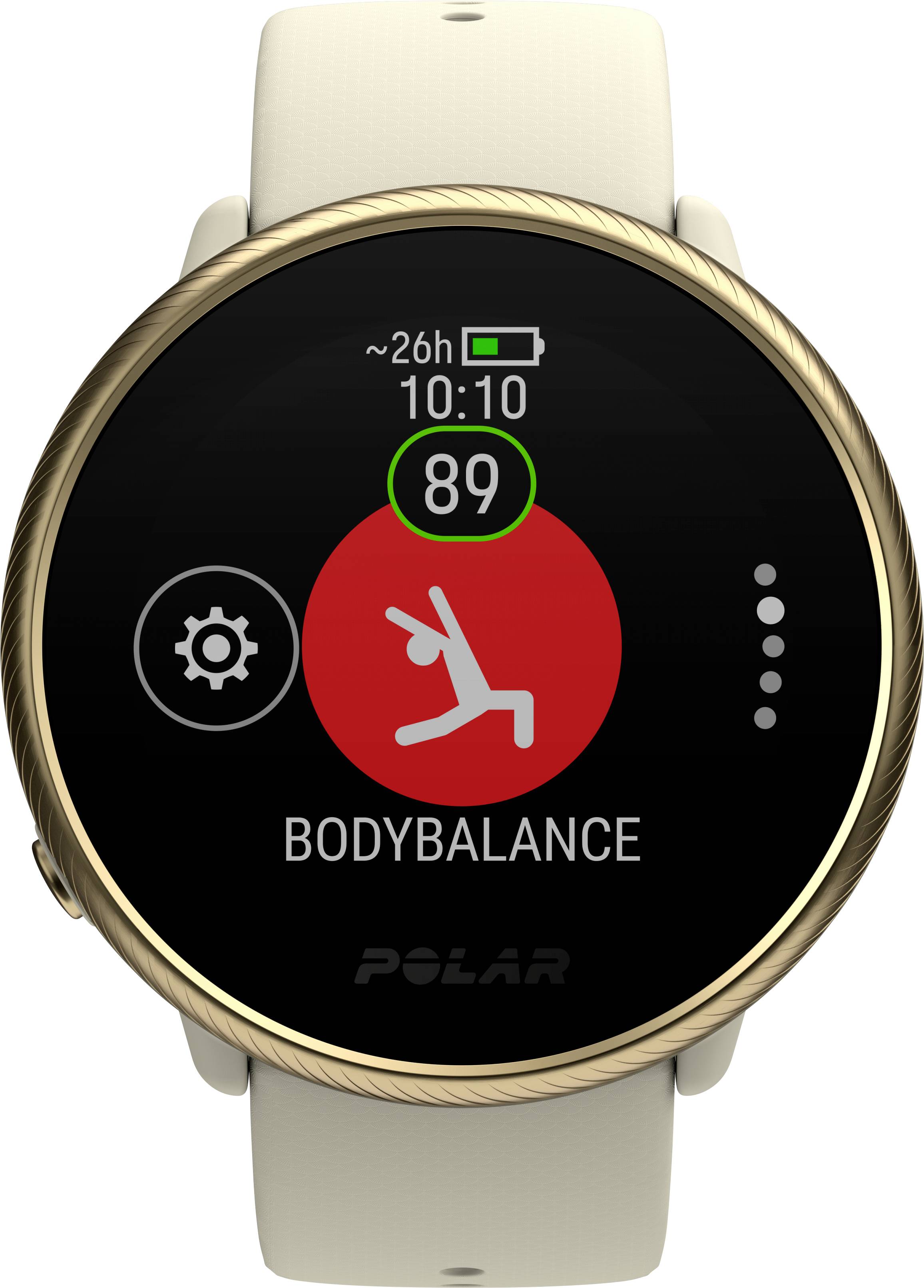Montre de sport numérique à affichage rond. Affiche une pose de yoga, un symbole de réglage et le niveau de batterie. Texte : 'Bodybalance'.
