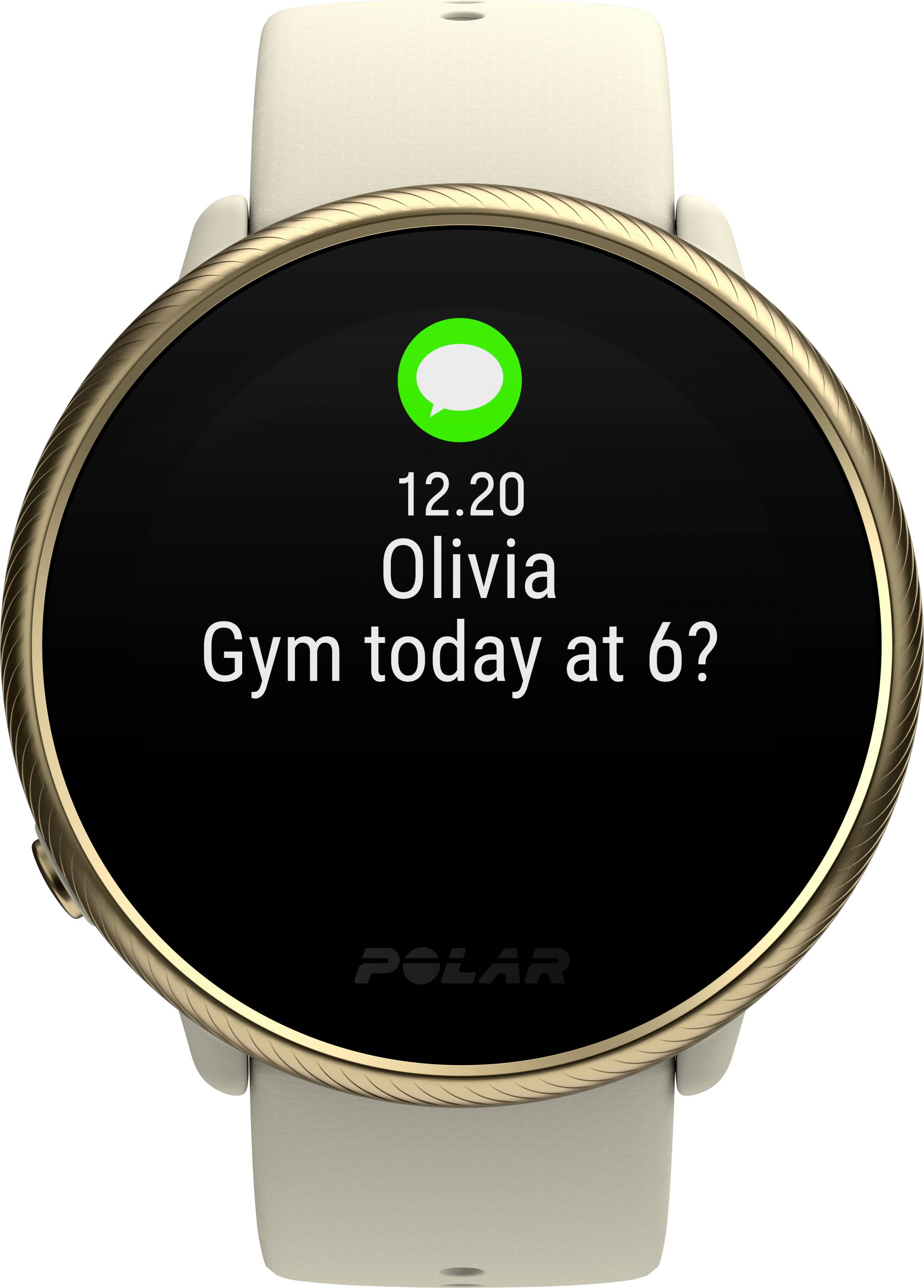 Montre connectée affichant le message : « 12.20 Olivia Gym aujourd'hui à 18h ? »