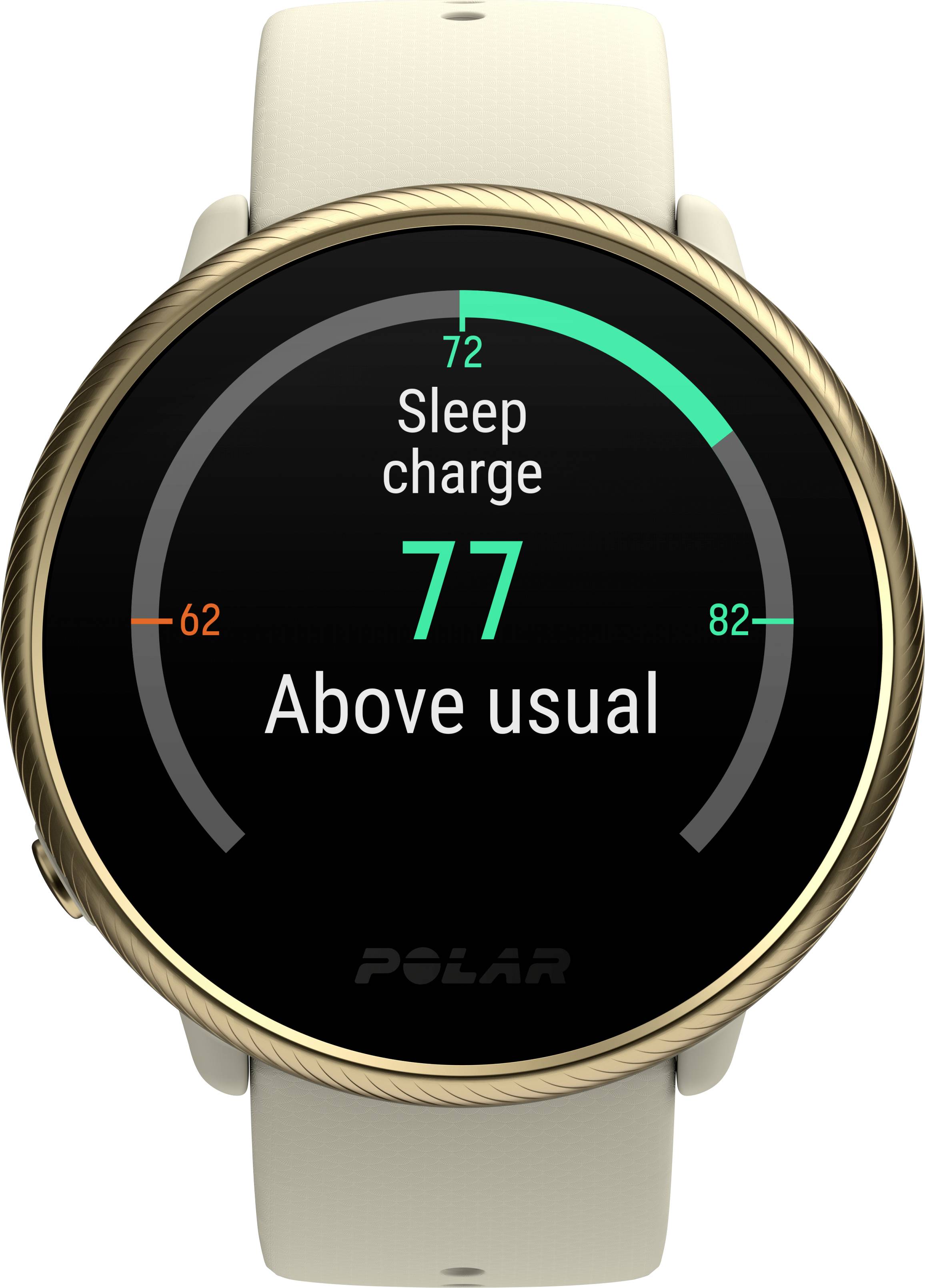 Une montre connectée affiche 'Sleep charge : 77, Au-dessus de la normale'. La barre de charge s'étend de 62 à 82.