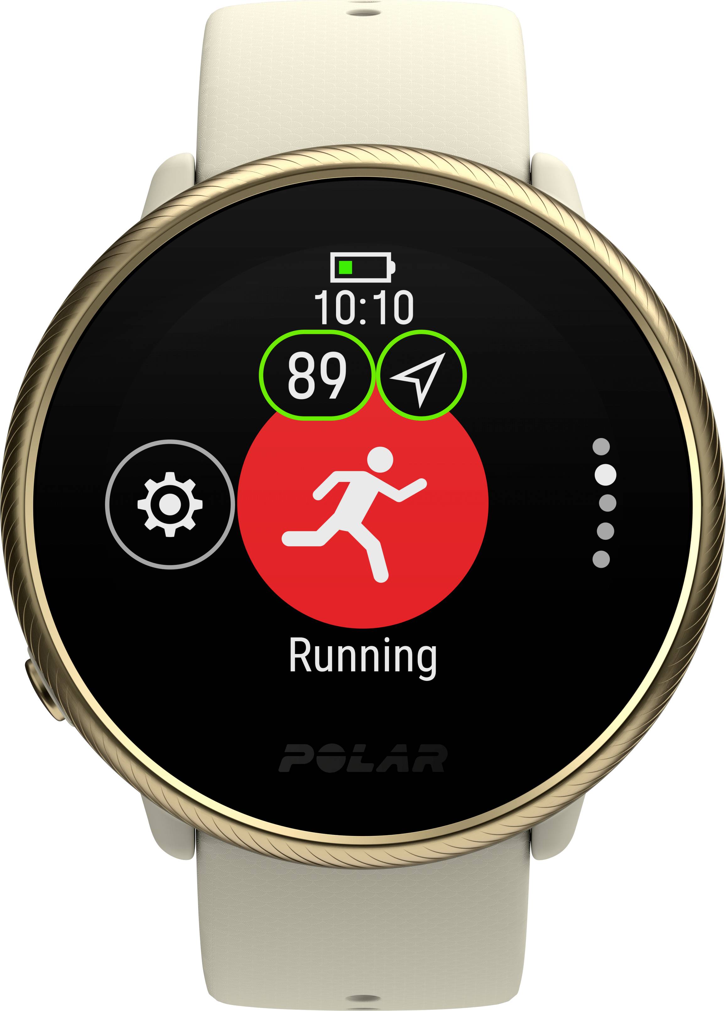 Une montre connectée ronde avec lunette dorée affiche 'Running' sur l'écran. L'affichage comprend le temps, la fréquence cardiaque (89) et le statut GPS.