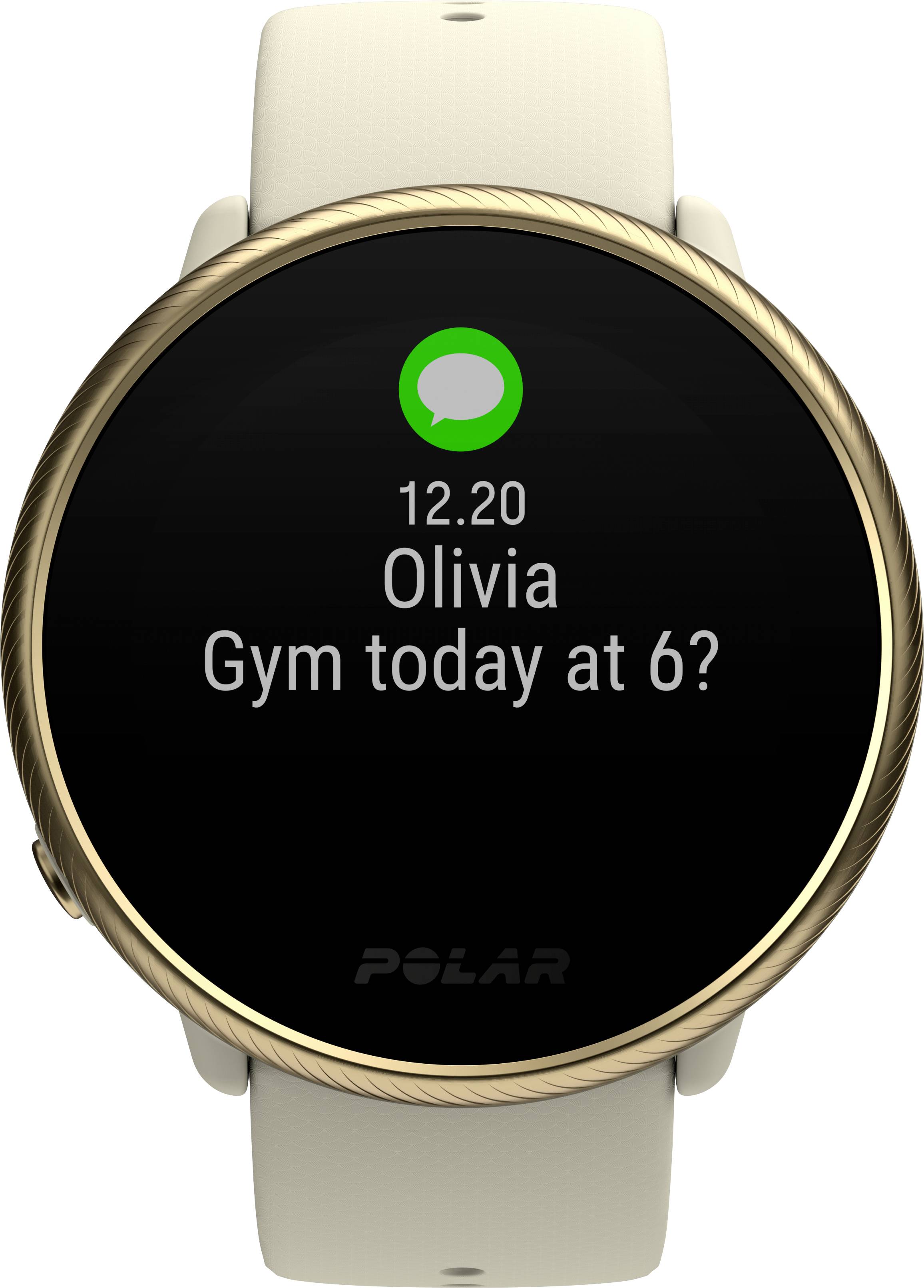 Montre connectée avec un message : 'Olivia : Gym aujourd'hui à 18h ?'. Message reçu à 12h20.
