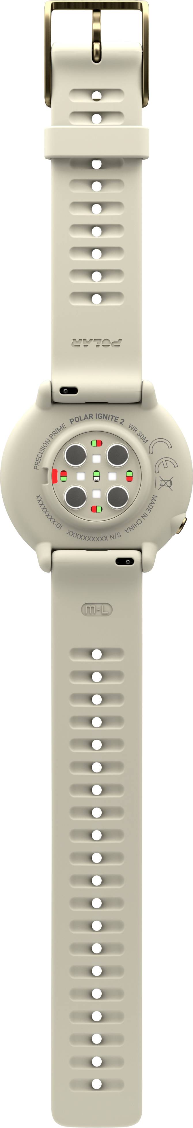 Montre-bracelet beige avec des capteurs de pouls sur la face inférieure du boîtier. Elle n'affiche aucune heure ou cadran visible.