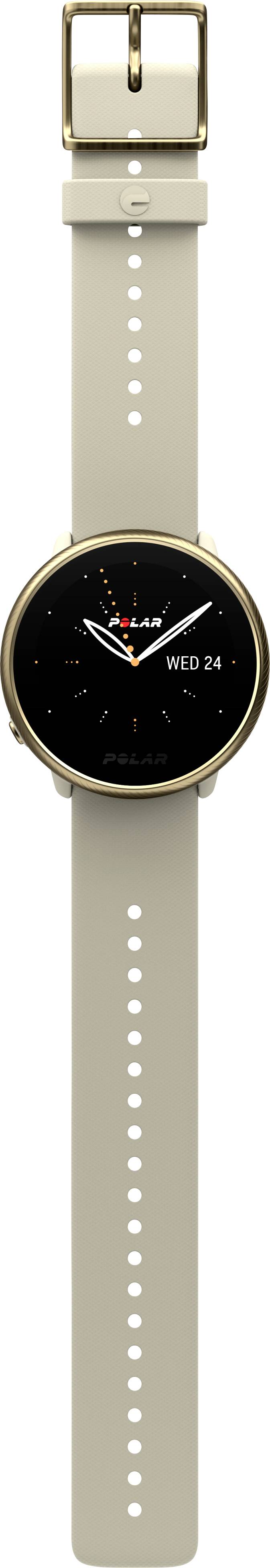 Une montre élégante avec un cadran rond, un boîtier doré et un bracelet beige. Affiche l'heure et la date 'Me, 24'.