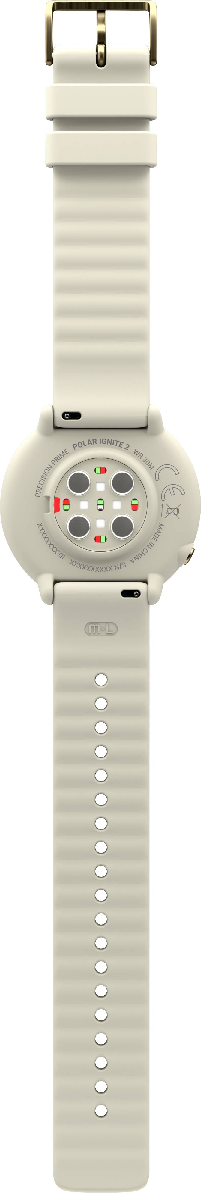 Montre connectée avec bracelet clair, montrant des capteurs colorés à l'arrière pour la surveillance de la santé.