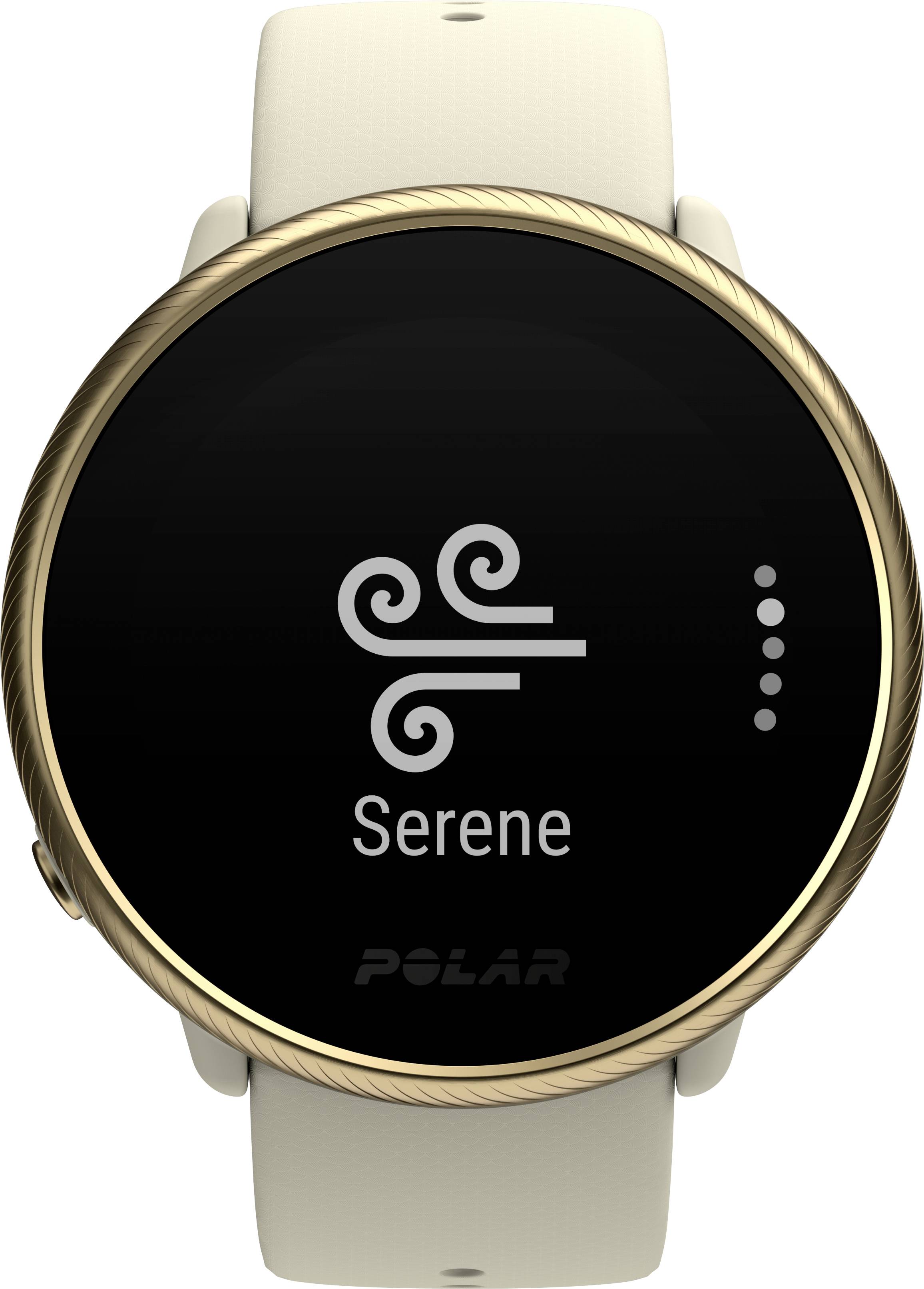 Une montre connectée affiche le programme 'Serene', un entraîneur respiratoire pour réduire le stress, sur un écran rond avec un bord couleur or.