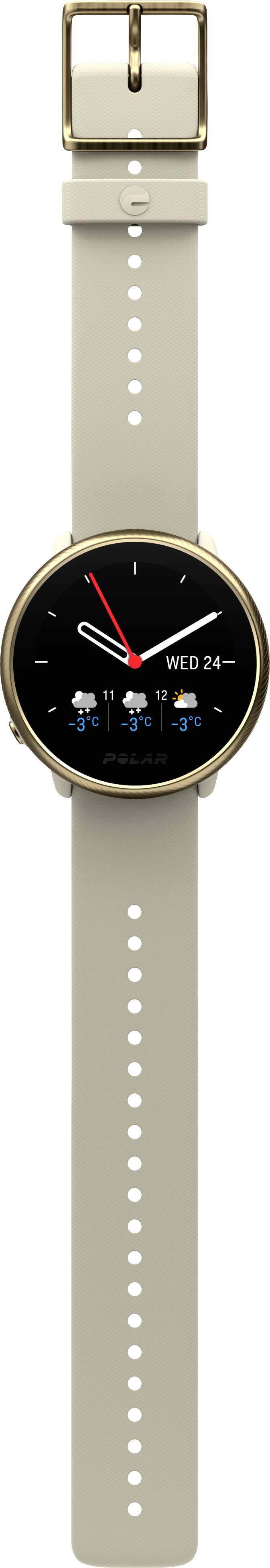 Montre connectée avec boîtier rond et bracelet beige, affichant l'heure, les prévisions météorologiques avec des symboles de soleil et de pluie, ainsi que la date du jour.