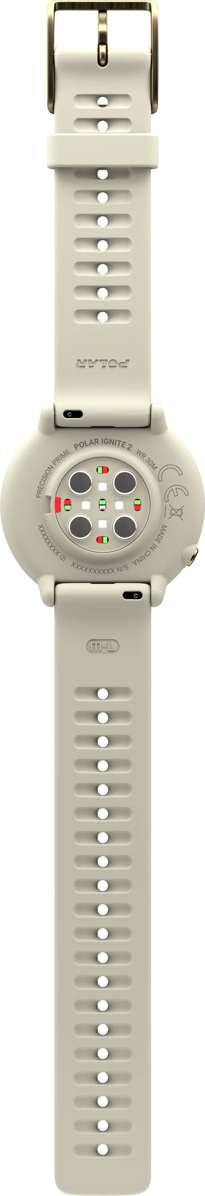 Montre lumineuse avec des capteurs ronds à l'arrière et un bracelet texturé, principalement dans des tons de beige neutre.