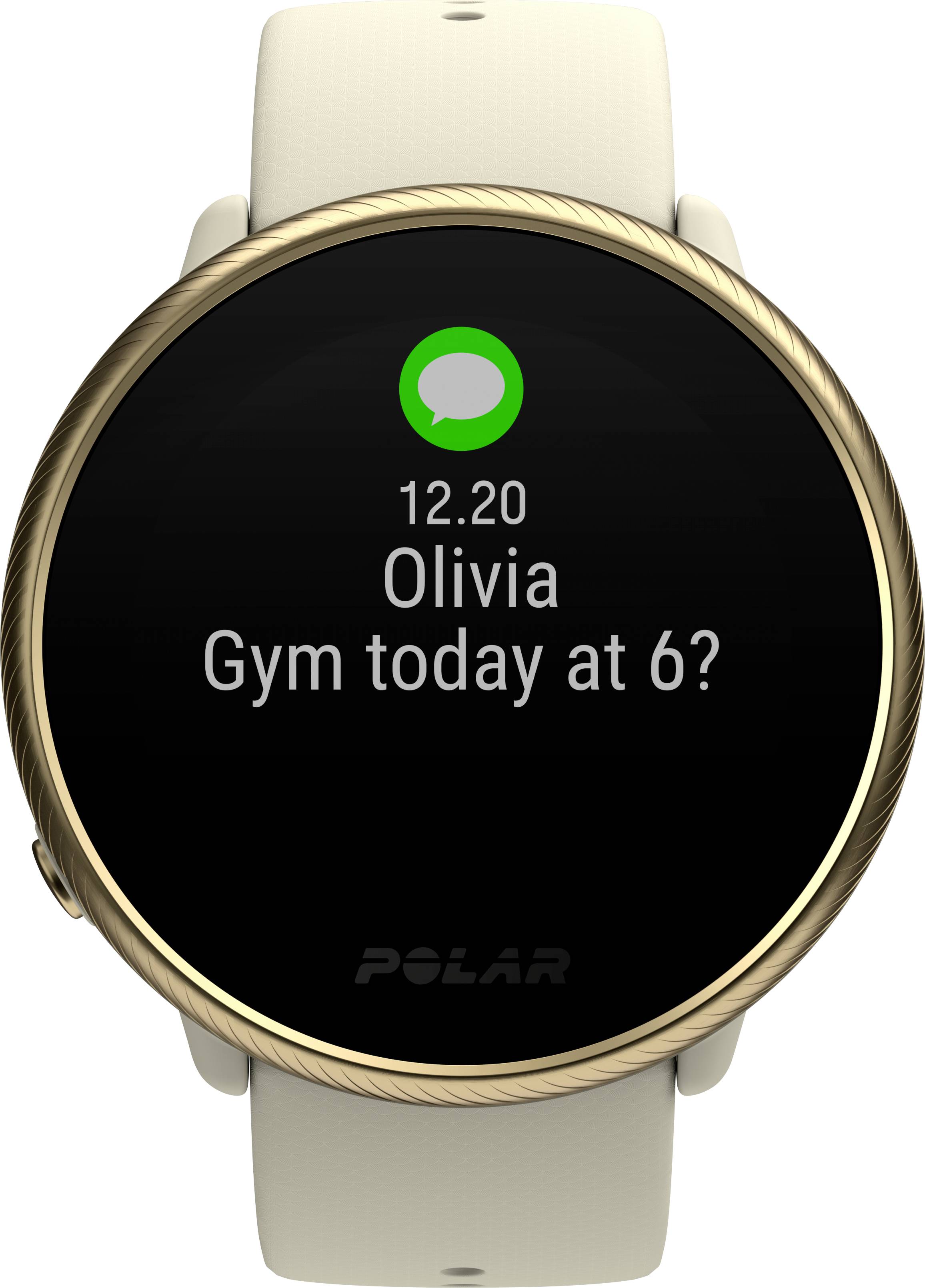 Une montre connectée ronde affiche un message entrant d'Olivia : « Gym aujourd'hui à 18h ? ». L'arrière-plan est noir avec un contour doré.