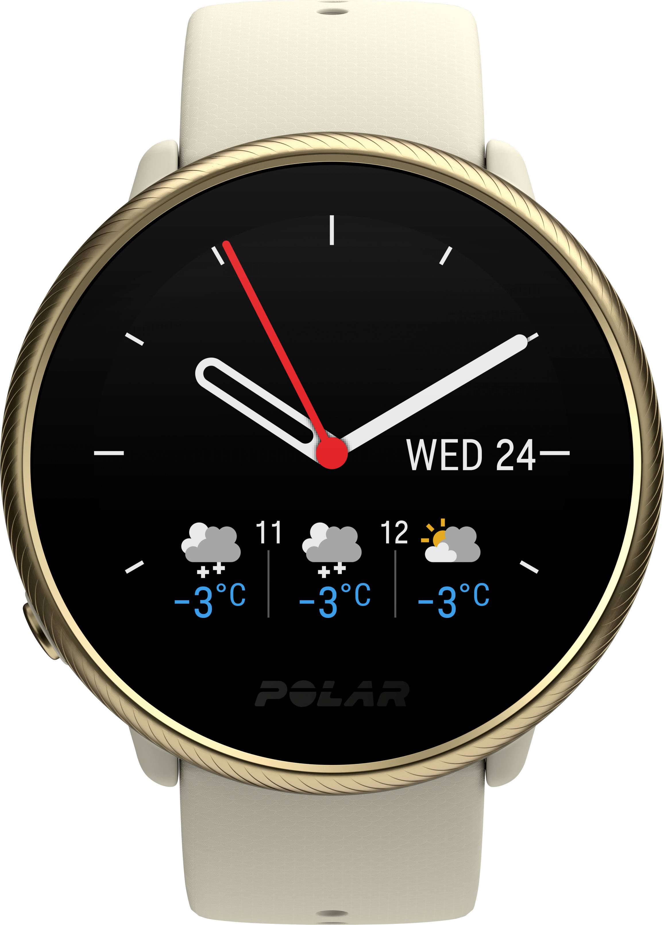 Une montre connectée affiche l'heure avec des aiguilles, la date 'Mer 24-', et des prévisions météorologiques avec la température et des symboles de neige et de soleil.