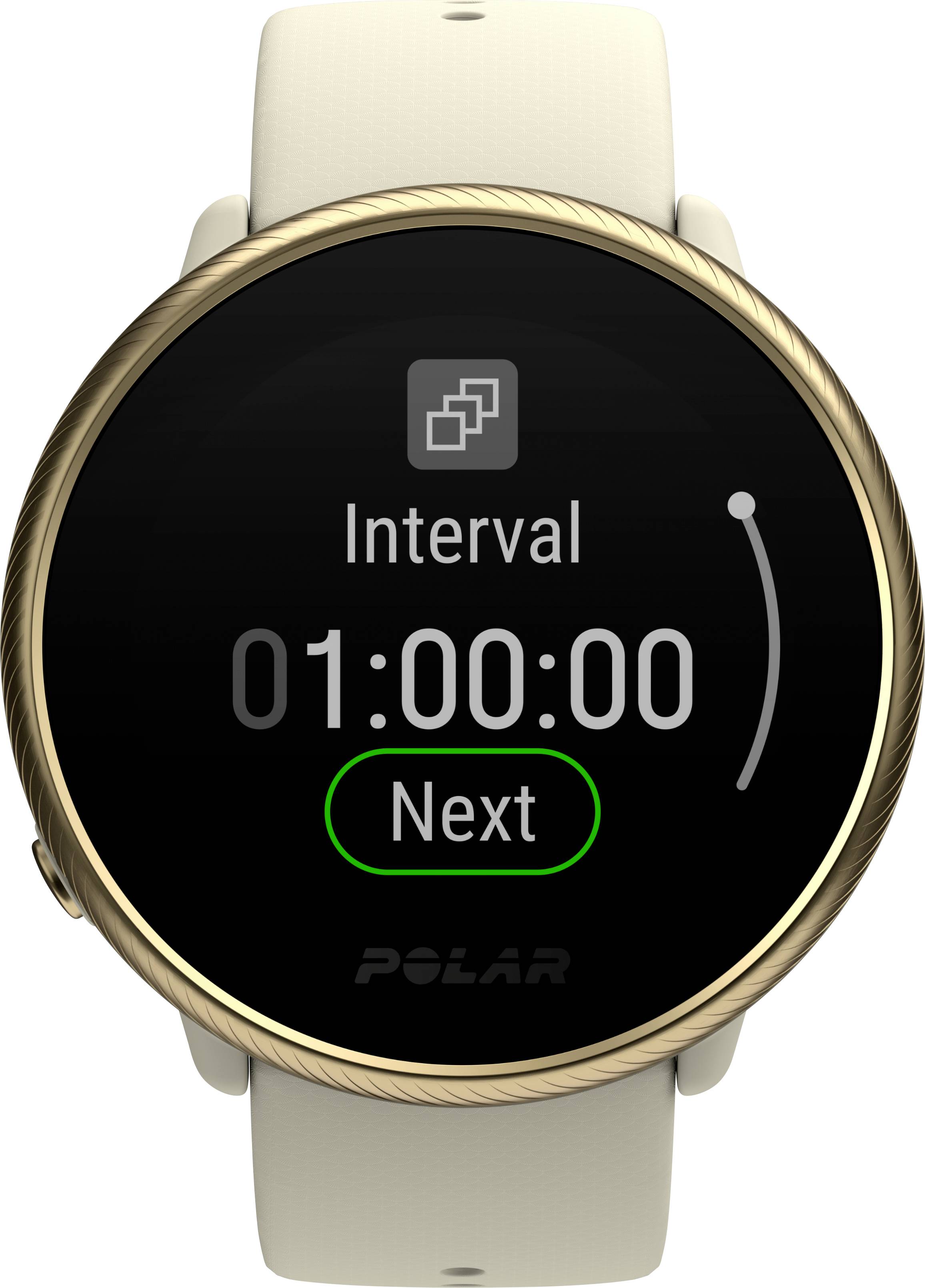 Montre connectée avec affichage du chronomètre, indiquant 'Intervalle 01:00:00' et bouton 'Suivant'. Boîtier doré, bracelet blanc.