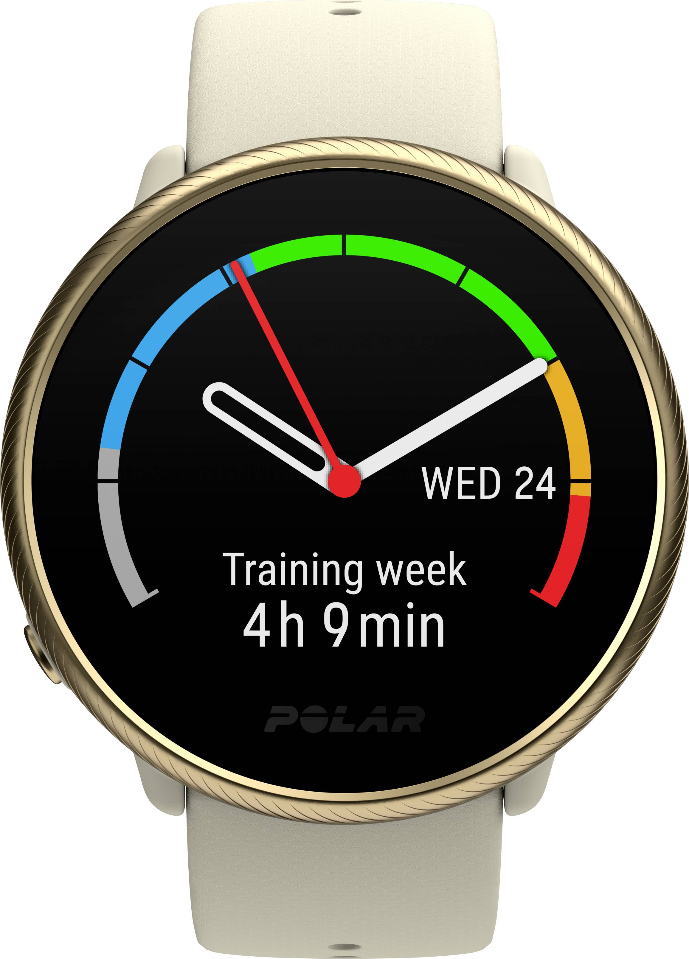 Montre connectée à écran rond affichant la date '24 mer', le temps d'entraînement '4h 9min' et un indicateur de progression coloré pour la semaine d'entraînement.