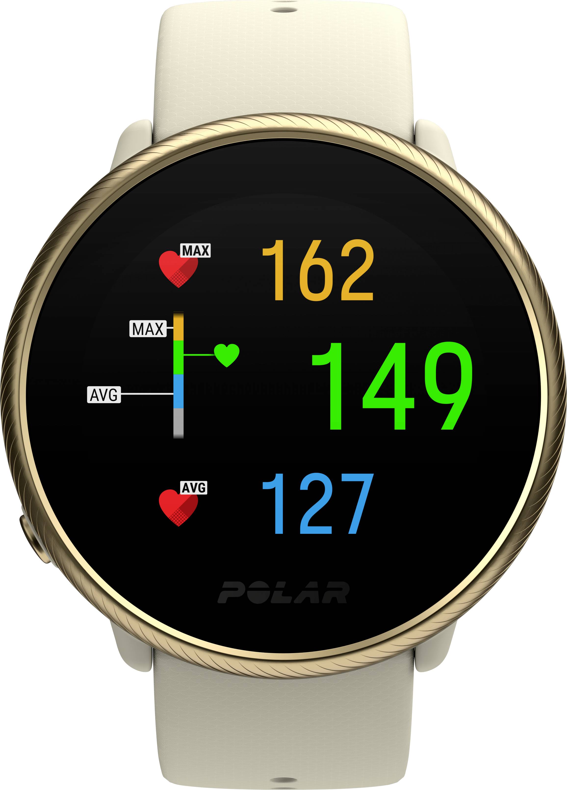 Montre numérique sur un bracelet blanc affichant la fréquence cardiaque : Maximum 162, Moyenne 127, Taux actuel 149 en chiffres colorés.