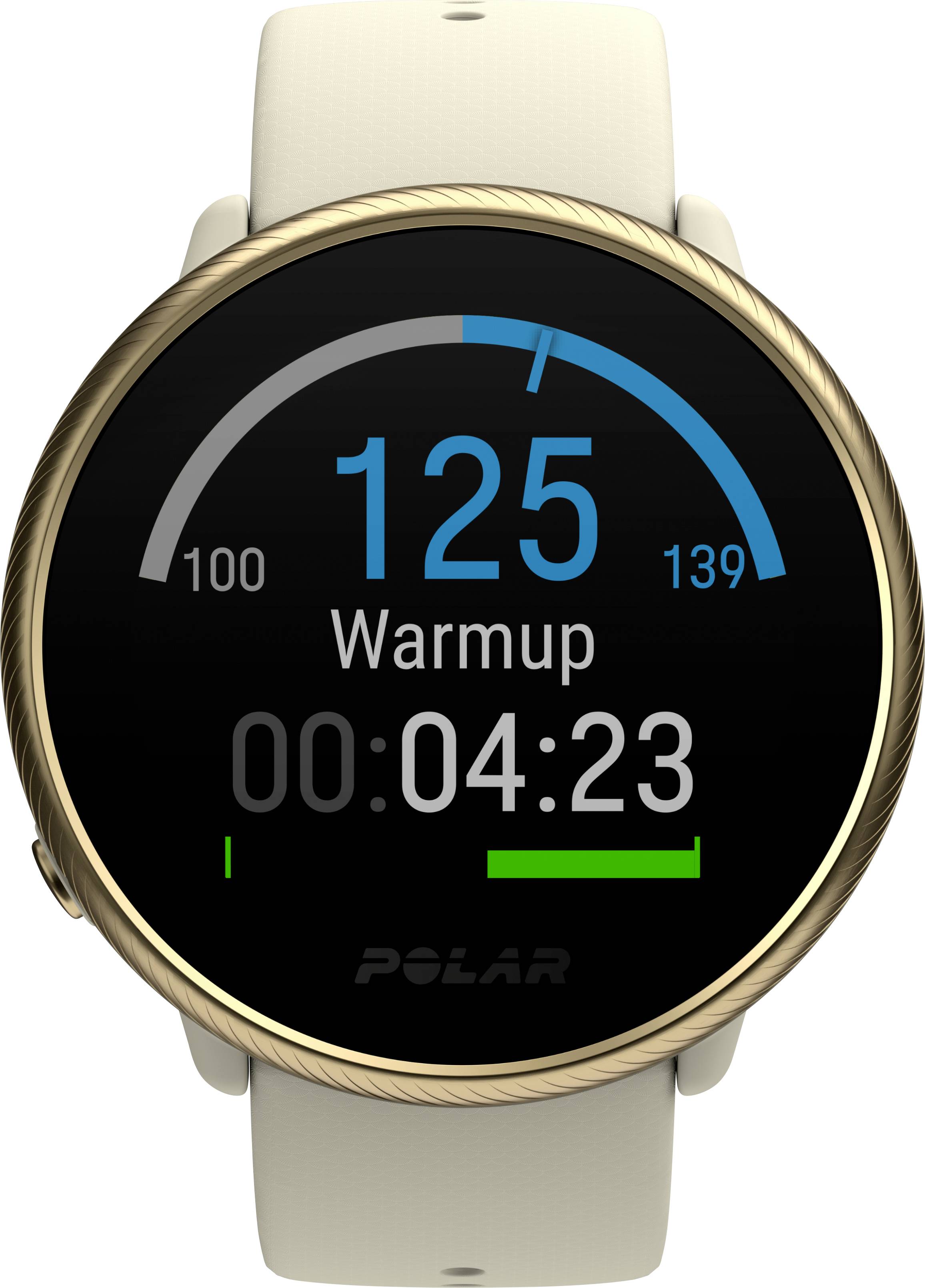Une montre connectée avec un bracelet blanc affiche sur son écran un moniteur de fréquence cardiaque indiquant un rythme cardiaque actuel de 125.