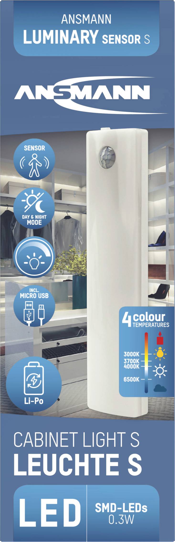 Boîte d'une lampe d'armoire LED Ansmann Luminary Sensor S. Caractéristiques du produit : Capteur de mouvement, Micro-USB, température de couleur réglable.