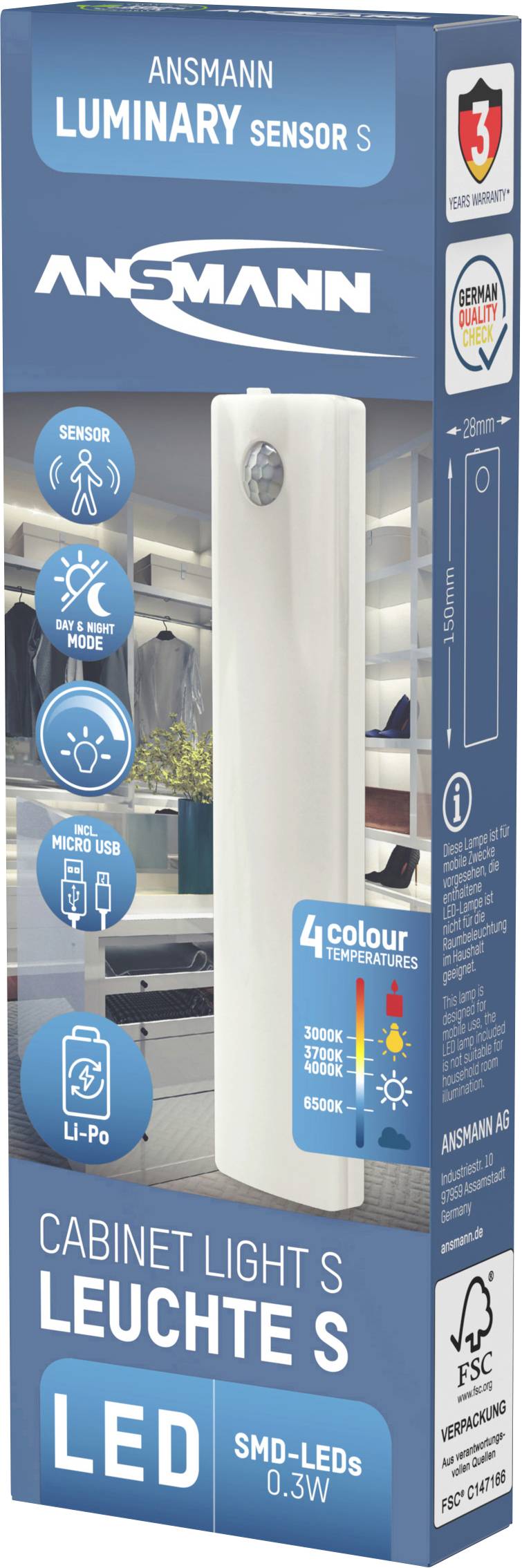 Emballage de la lampe d'armoire Ansmann Luminary Sensor S avec des détails sur les fonctionnalités : Capteur, 4 couleurs de lumière, LED, rechargeable.