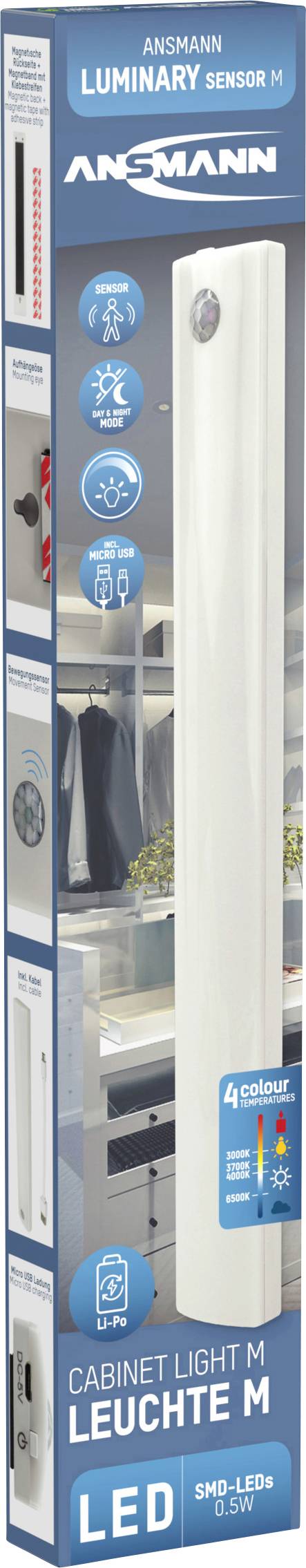 Ansmann cabinet-light-medium Lampe LED pour dessous d'armoire avec détecteur LED LED intégrée 18 W blanc froid, blanc naturel