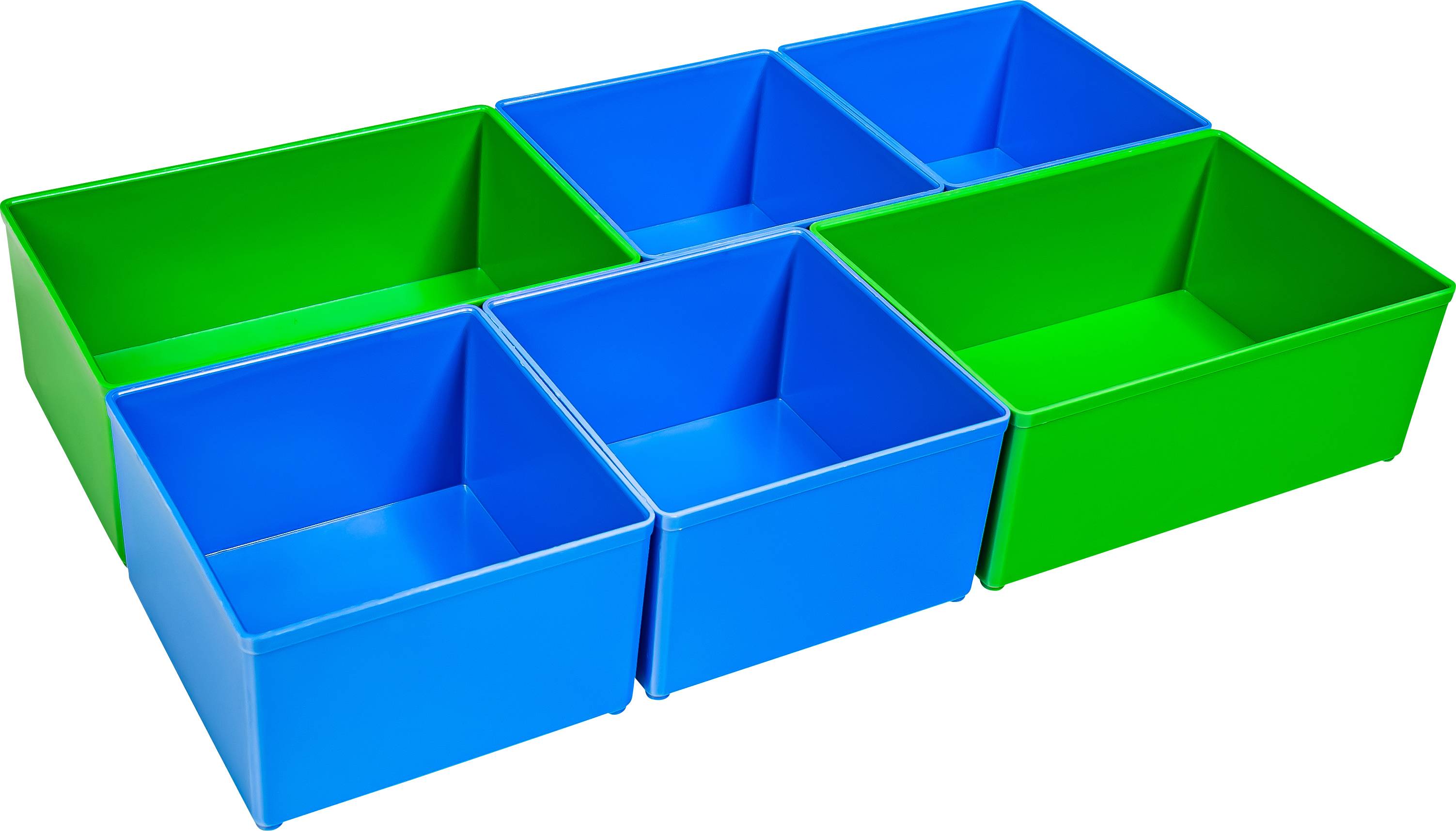 Boîtes de rangement bleu-vert, empilées rectangulaires, trois bleues, deux vertes. Idéales pour un stockage et une organisation méthodiques.