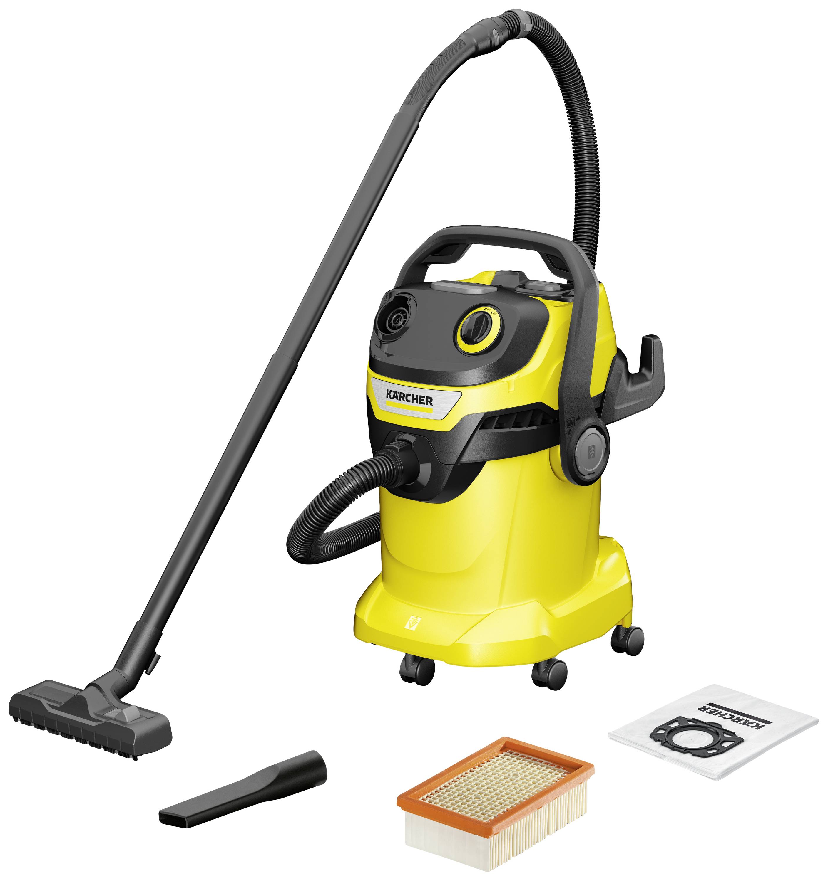 Aspirateur eau et poussière avec corps jaune, tuyau flexible, brosse et accessoires, adapté à divers travaux de nettoyage.