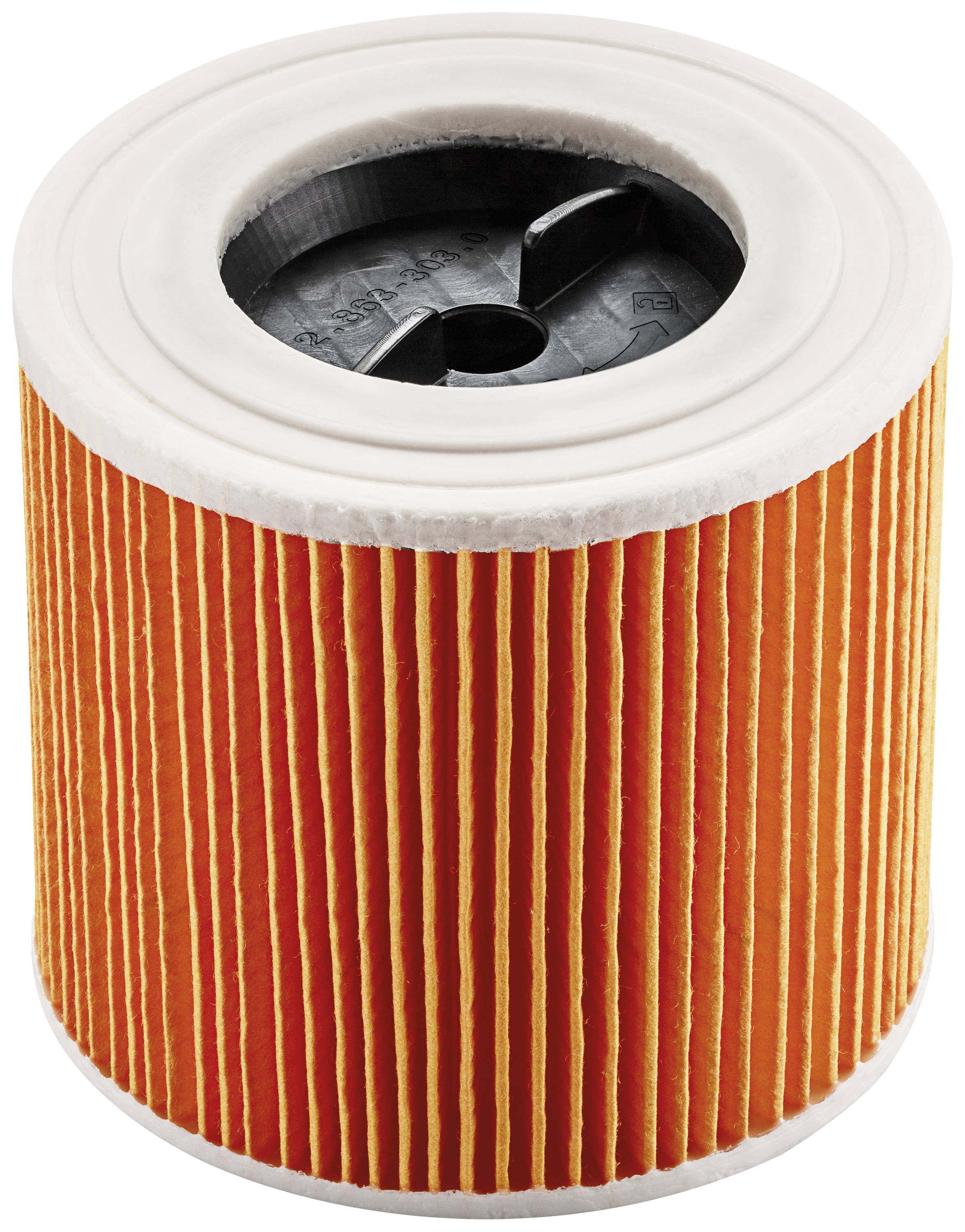 Un filtre à air cylindrique, de couleur orange, avec des bords blancs et une ouverture centrale.