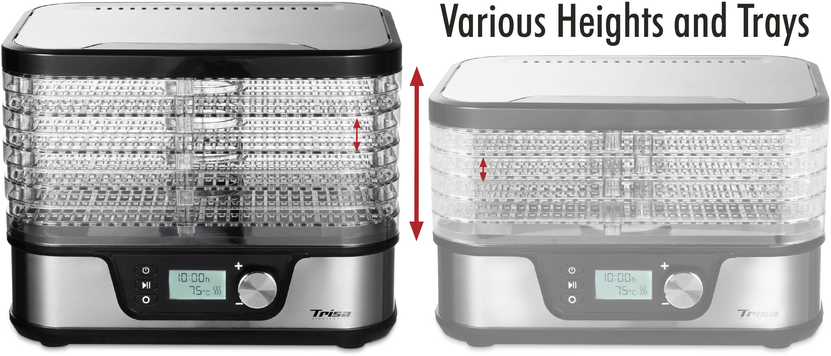 Deux déshydrateurs avec des hauteurs et des plateaux différents. Les deux appareils sont équipés d'un affichage permettant de régler la température et le temps.