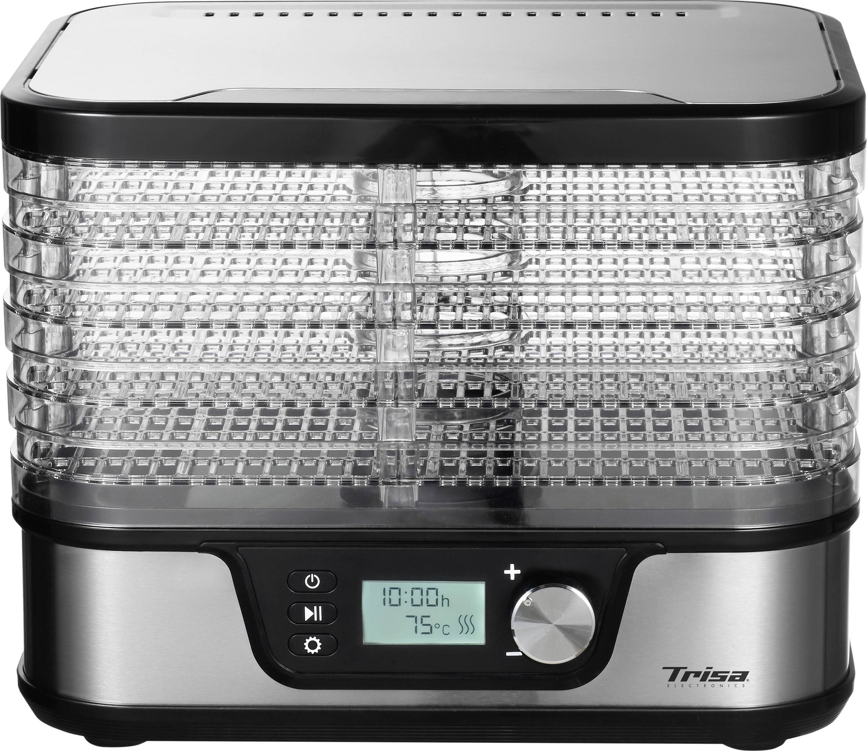 Un déshydrateur électrique avec plusieurs plateaux transparents et un affichage numérique indiquant 10:00 et 75°C.
