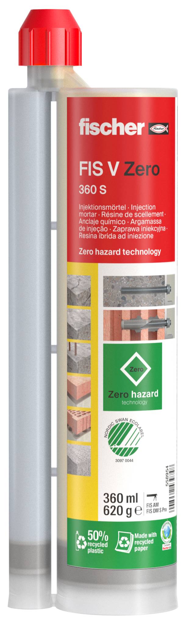 Cartouche avec l'inscription 'fischer FIS V Zero 360 S'. L'illustration montre l'application sur la maçonnerie. Référence à la 'technologie zéro risque'.