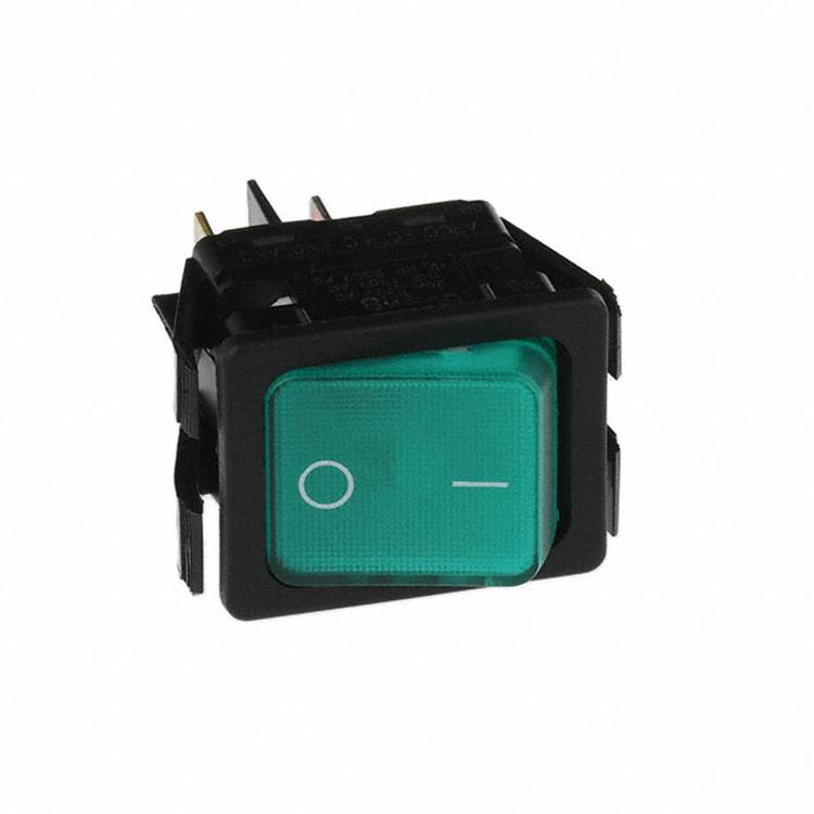 A green rectangular rocker switch with on/off positions, mounted in a black casing. The switch is in the off position.