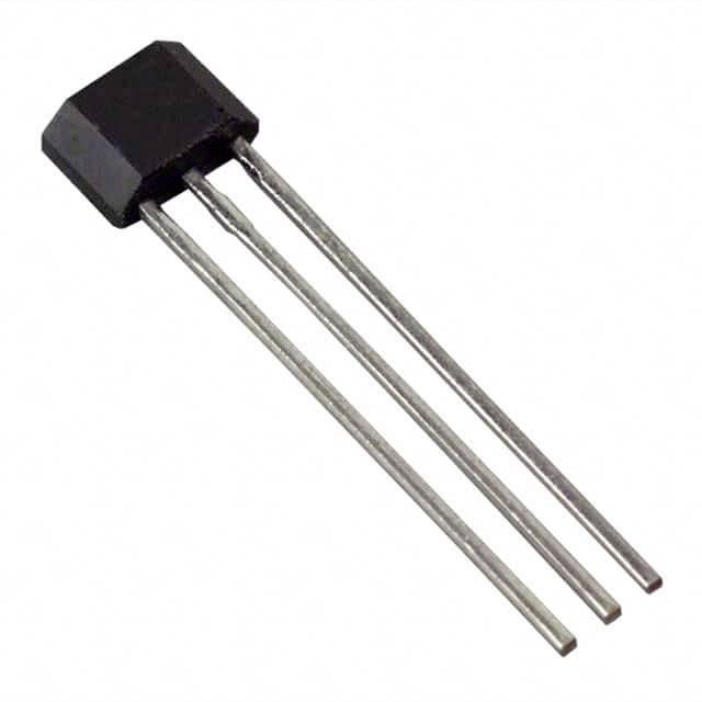 Ein schwarzer, dreibeiniger elektronischer Transistor mit langen Pins auf weißem Hintergrund, geeignet für Schaltungsanwendungen.