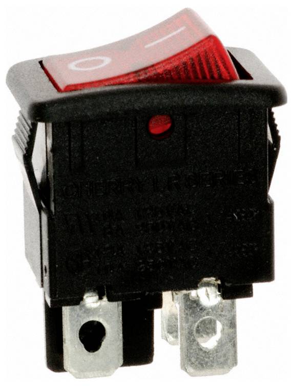 A black and red rocker switch labeled with 'O' and 'I' symbols indicating off and on positions, used for powering devices.
