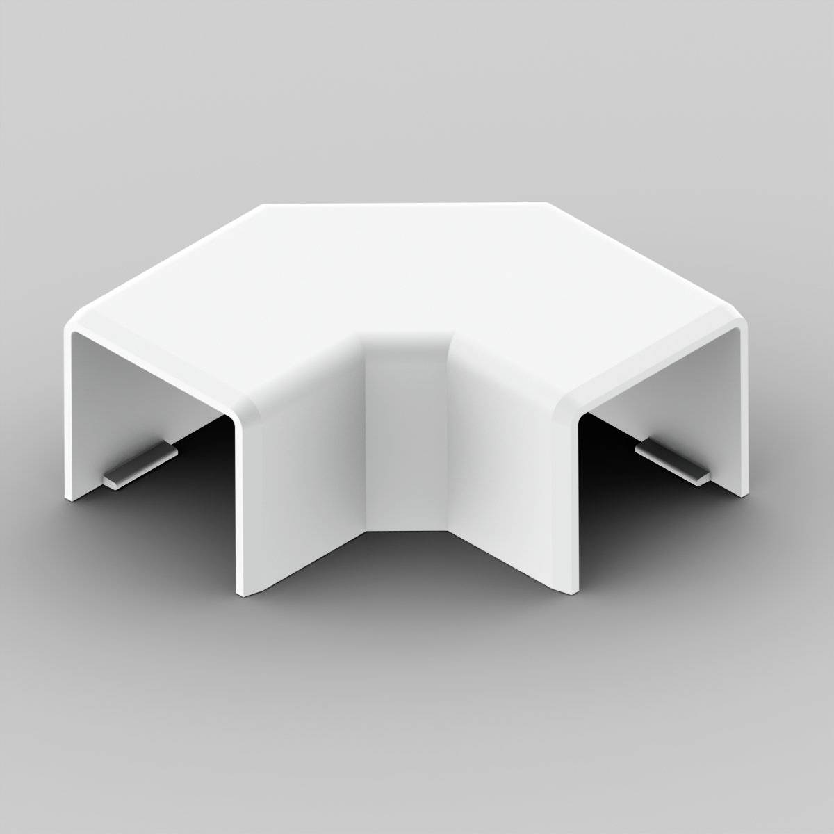 Raccord d'angle blanc en plastique pour goulottes de câbles, indiquant un virage à 90 degrés. Utilisé pour des installations propres dans les angles.