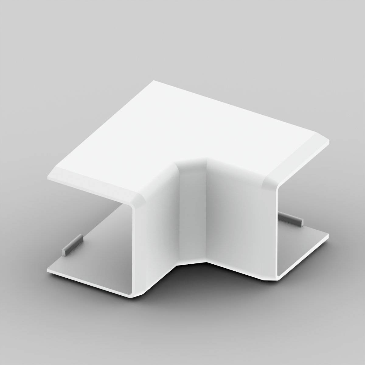 Un profil en plastique blanc en forme de L, utilisé pour les raccordements d'angle dans les constructions, sur un fond gris.