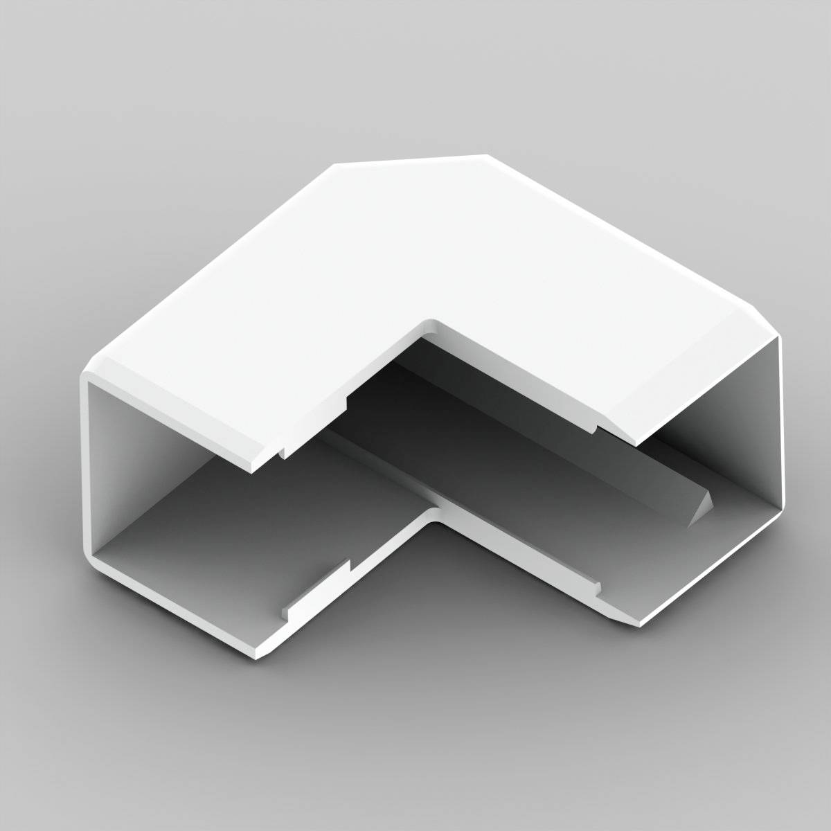 Un connecteur en plastique blanc en forme de L, utilisé pour relier des pièces en plastique à un angle de 90 degrés, sur un fond gris.