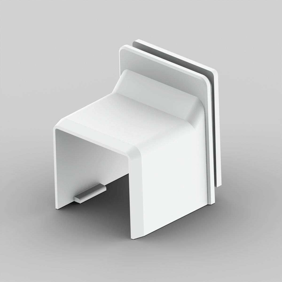 Capuchon en plastique blanc, rectangulaire, avec des extrémités ouvertes et des bords arrondis, sur un fond gris.