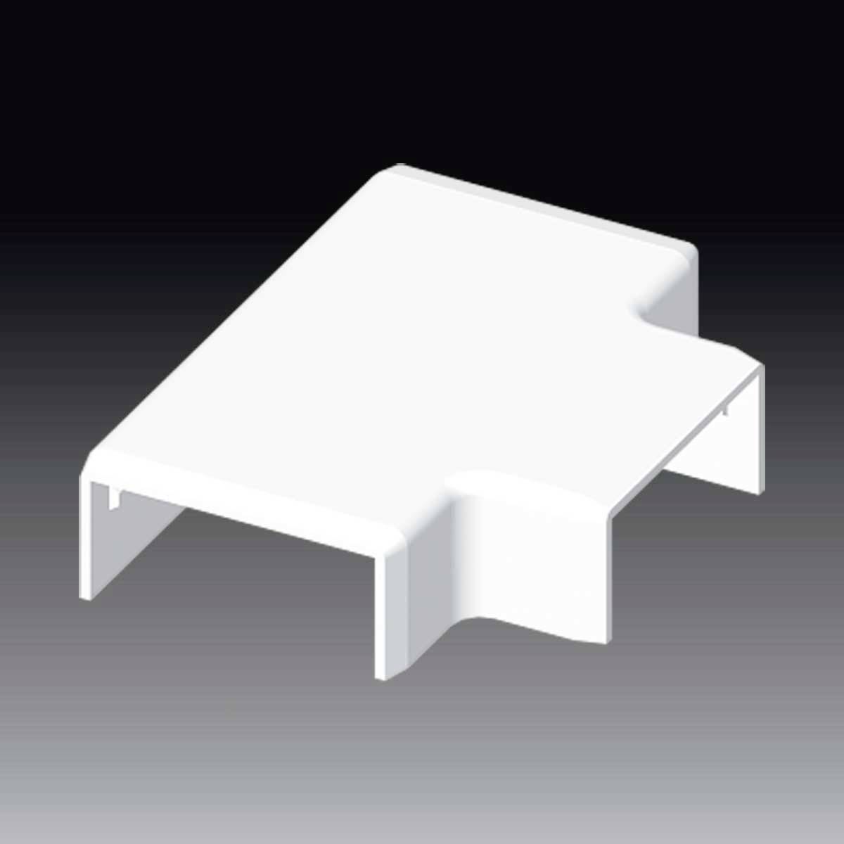 Un connecteur rectangulaire blanc en plastique pour goulottes de câbles, présenté sur un fond sombre.
