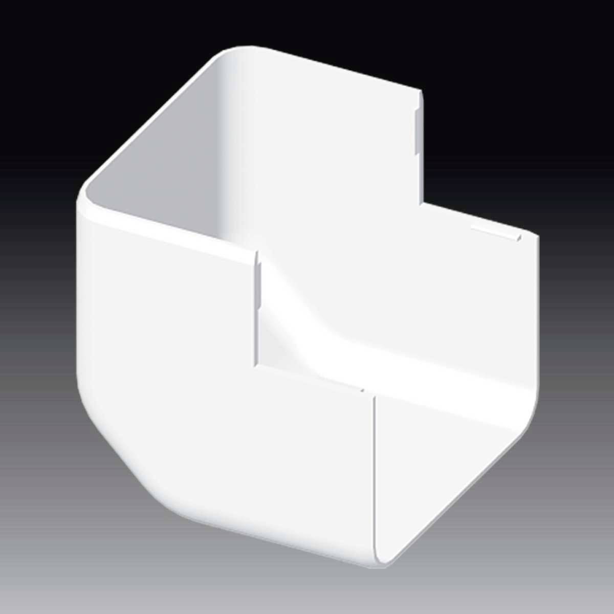 Un raccord d'angle en plastique blanc avec des bords arrondis, servant à connecter deux tuyaux à angle droit.