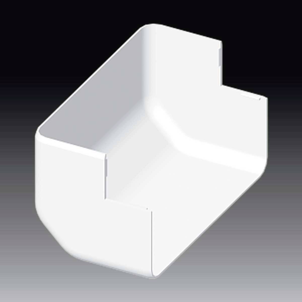 Pièce d'angle en plastique à section rectangulaire, blanche, utilisée pour raccorder des conduits de ventilation à un angle de 90 degrés.
