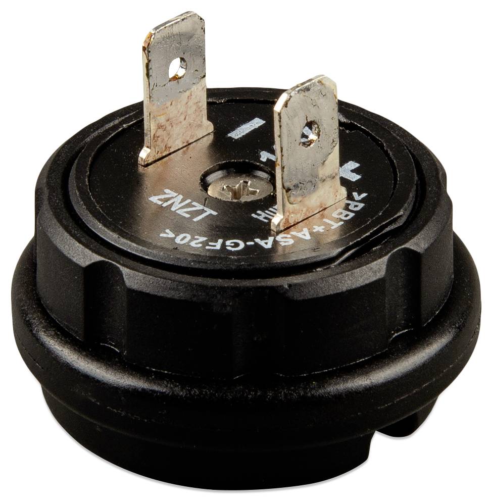 Une prise électrique circulaire en noir et métal avec deux broches, étiquetée 'LZKZ' et portant des symboles positif et négatif, conçue pour la connectivité.