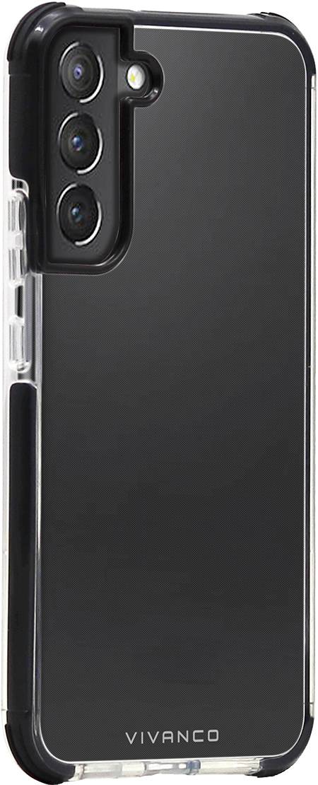 Un smartphone dans un étui transparent avec un contour noir, trois objectifs de caméra et un flash visibles à l'arrière.