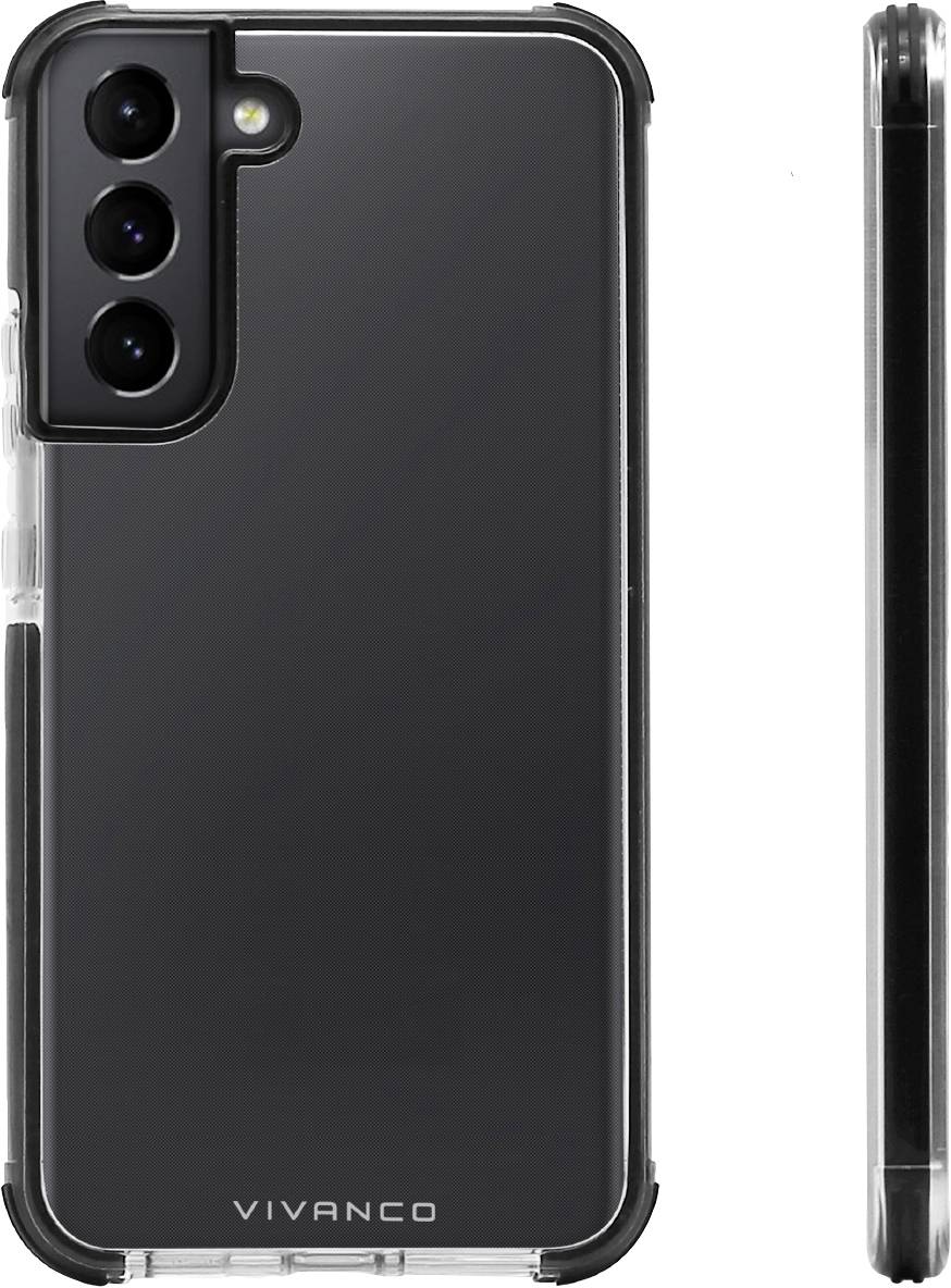 Coque de téléphone noir transparent de Vivanco, adaptée à un smartphone à trois caméras. Présente les vues de face et de côté de la coque.