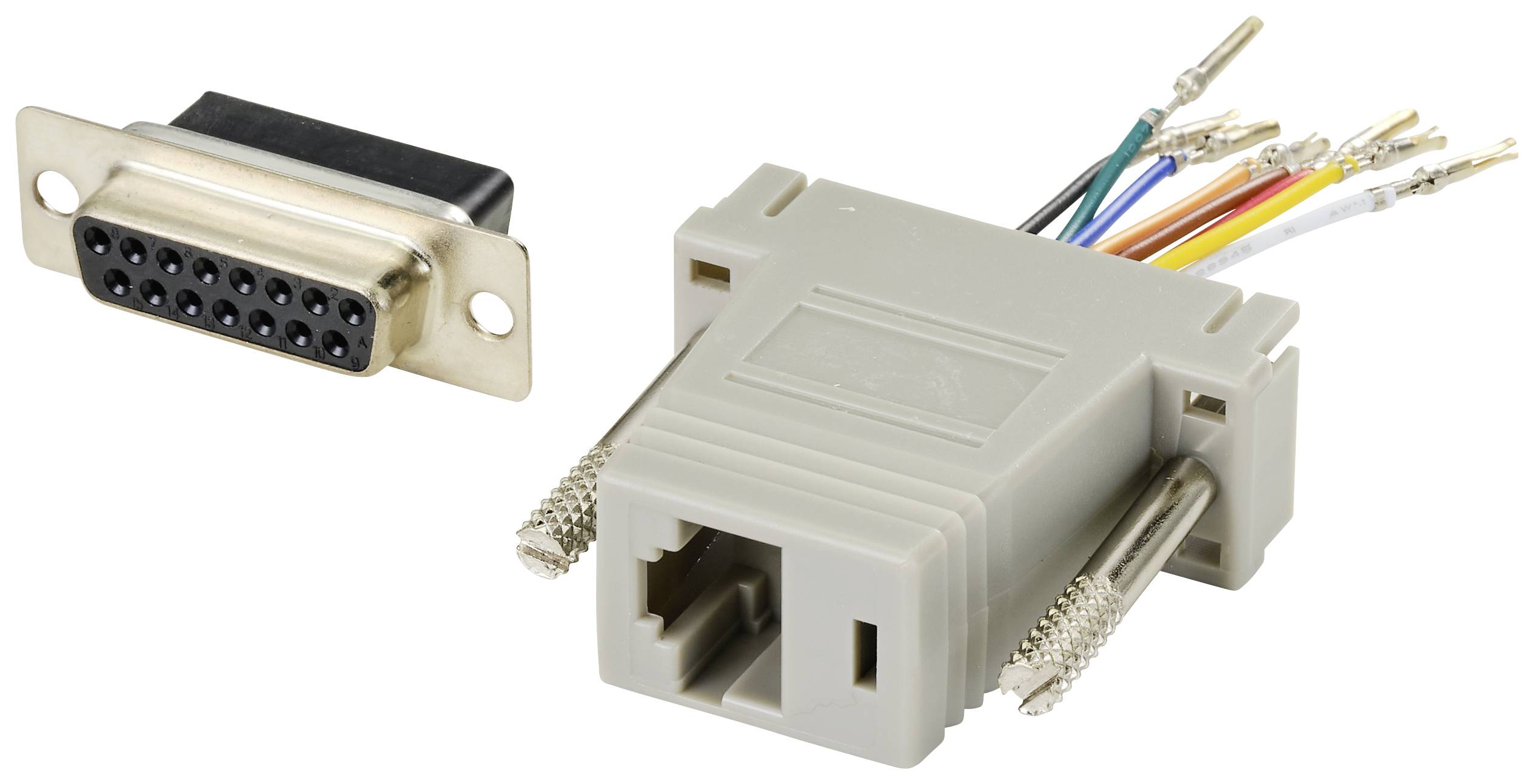 Un adaptateur DB9 avec des câbles de couleur et une prise femelle. Utilisé pour les connexions série, souvent pour connecter des ordinateurs à des périphériques.