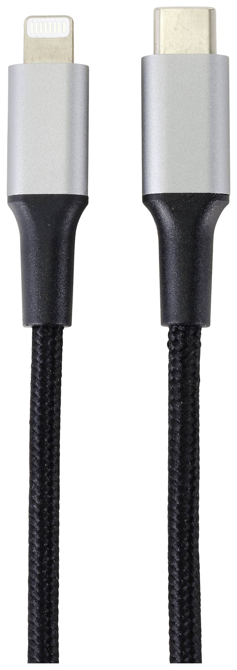 Un câble noir tressé se termine d'un côté par une fiche Lightning et de l'autre par une fiche USB-C.