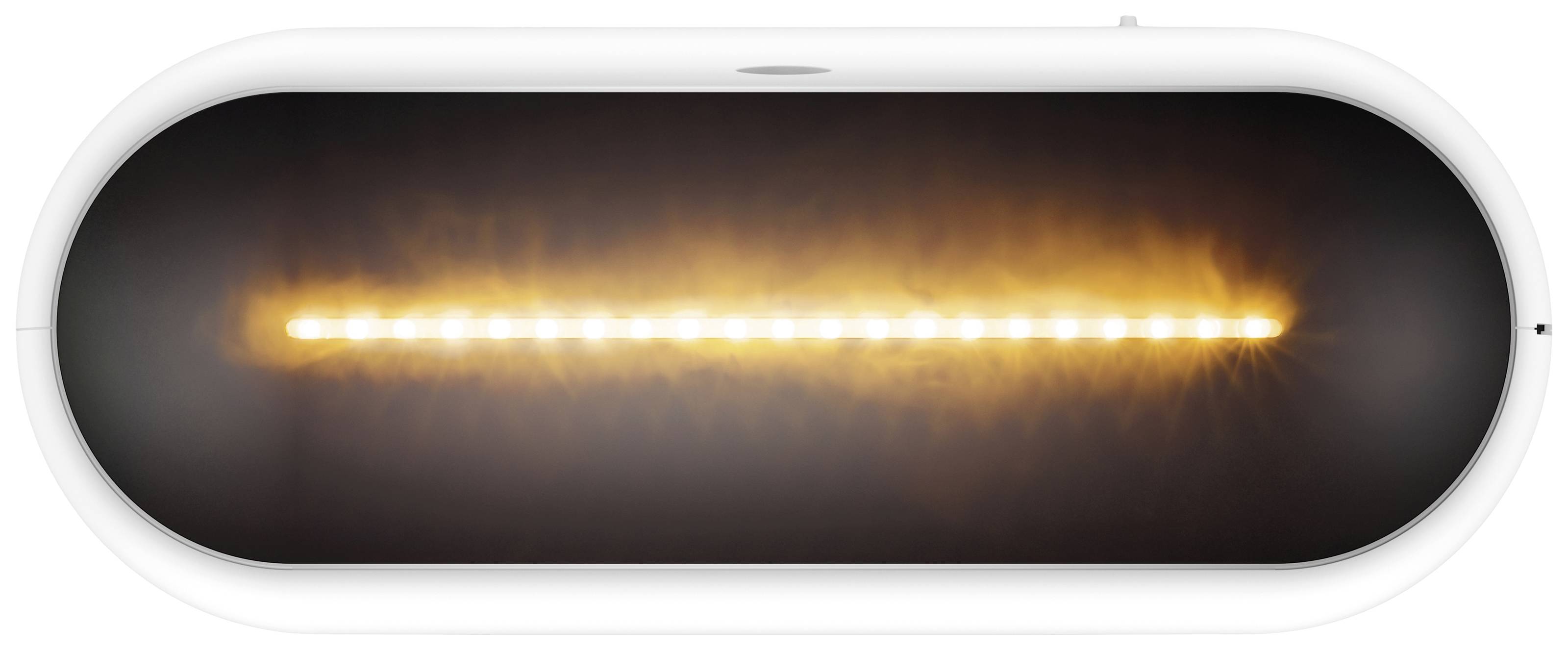 Une lampe blanche et ovale avec une rangée de LED jaune vif au centre, qui produit une lumière douce et uniforme.