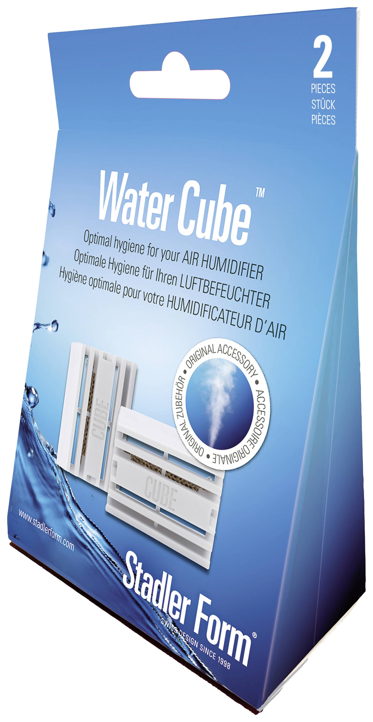Emballage de deux pièces accessoires de l'humidificateur 'Water Cube' de Stadler Form pour une hygiène optimale.
